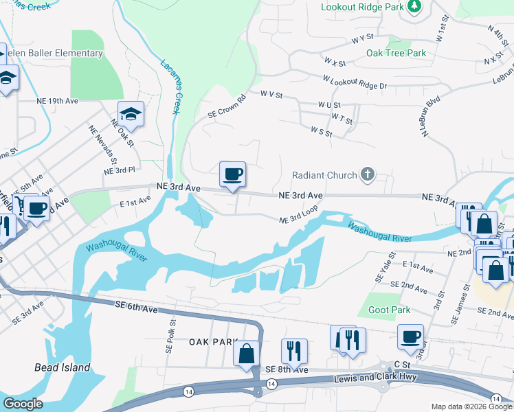 map of restaurants, bars, coffee shops, grocery stores, and more near 2100 Northeast 3rd Avenue in Camas