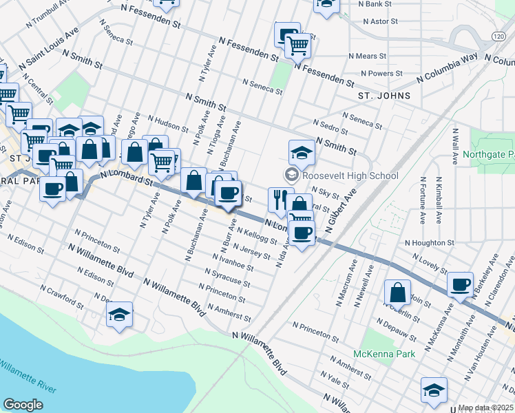 map of restaurants, bars, coffee shops, grocery stores, and more near 7128 North Leonard Street in Portland