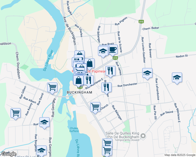 map of restaurants, bars, coffee shops, grocery stores, and more near 127 Rue Maclaren Est in Gatineau