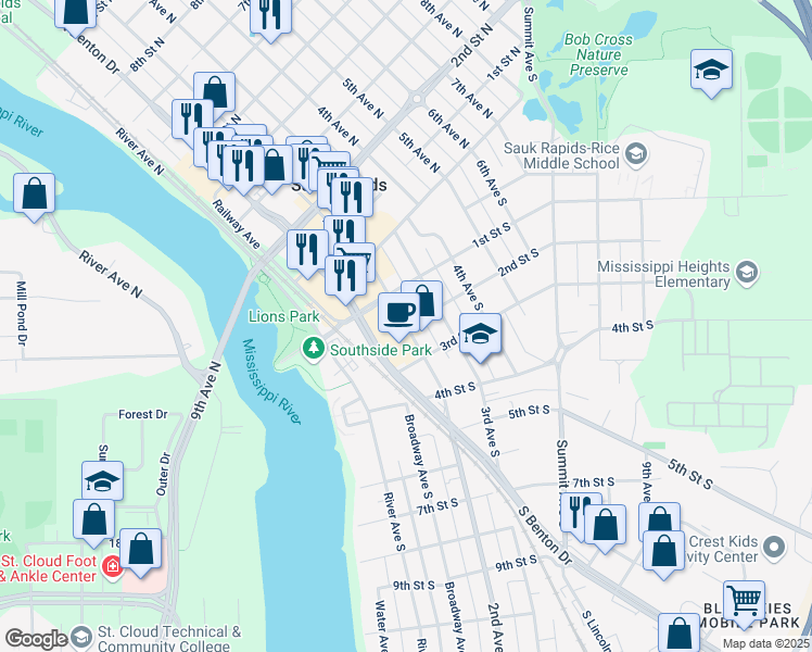 map of restaurants, bars, coffee shops, grocery stores, and more near 101 2nd Street South in Sauk Rapids