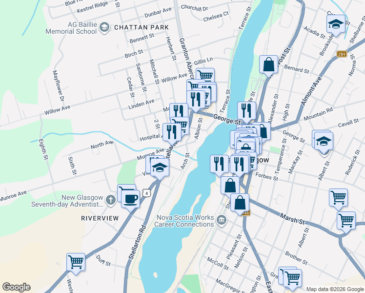 map of restaurants, bars, coffee shops, grocery stores, and more near 39 Military Lane in New Glasgow