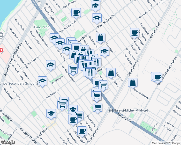 map of restaurants, bars, coffee shops, grocery stores, and more near 10707 Boulevard Pie-IX in Montréal