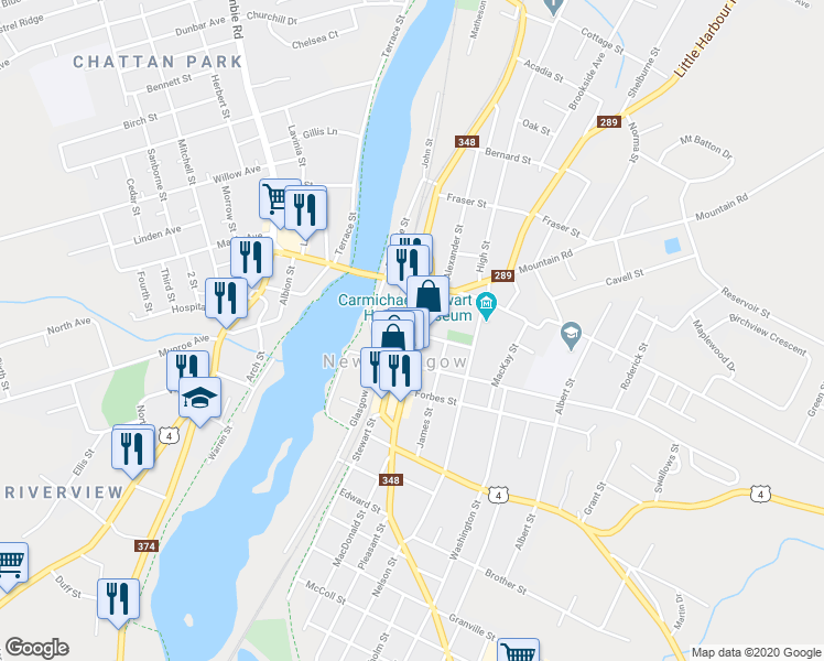 map of restaurants, bars, coffee shops, grocery stores, and more near 148 Dalhousie Street in New Glasgow