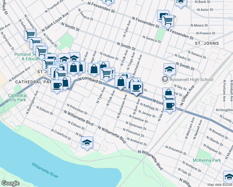 map of restaurants, bars, coffee shops, grocery stores, and more near 7615 North Kellogg Street in Portland