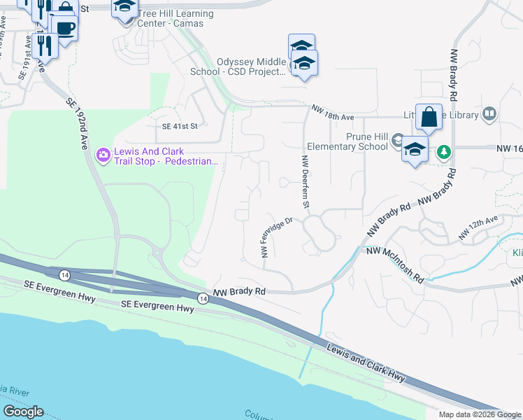map of restaurants, bars, coffee shops, grocery stores, and more near 1027 Northwest Fernridge Court in Camas