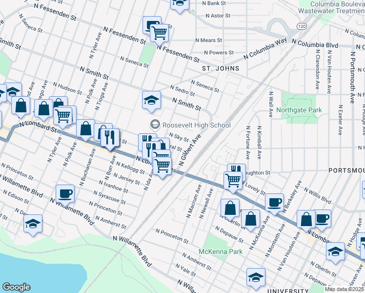 map of restaurants, bars, coffee shops, grocery stores, and more near 6827 North Central Street in Portland