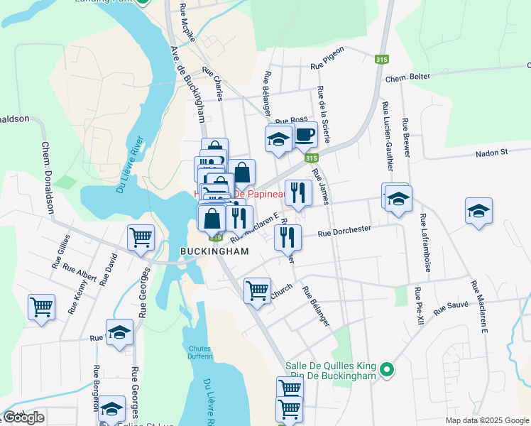 map of restaurants, bars, coffee shops, grocery stores, and more near 127 Rue Maclaren Est in Gatineau