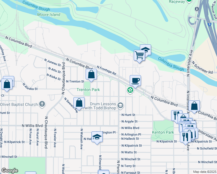 map of restaurants, bars, coffee shops, grocery stores, and more near 9007 North Curtis Avenue in Portland