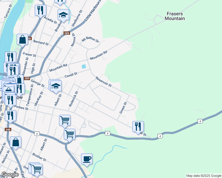 map of restaurants, bars, coffee shops, grocery stores, and more near 201 Birchview Crescent in New Glasgow