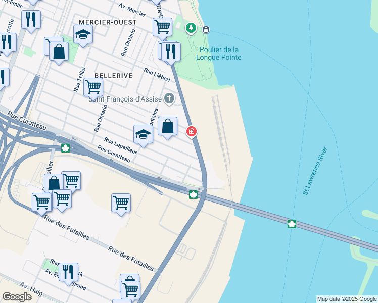 map of restaurants, bars, coffee shops, grocery stores, and more near 825 Rue de Bruxelles in Montréal