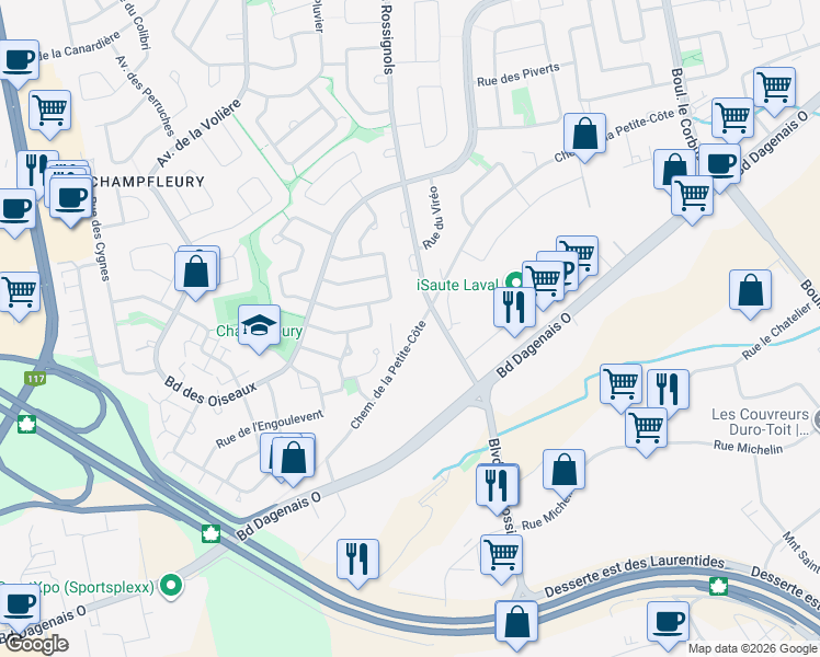 map of restaurants, bars, coffee shops, grocery stores, and more near 2376 Chemin de la Petite-Côte in Laval