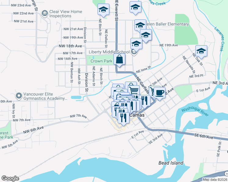 map of restaurants, bars, coffee shops, grocery stores, and more near 407 Northeast 7th Avenue in Camas