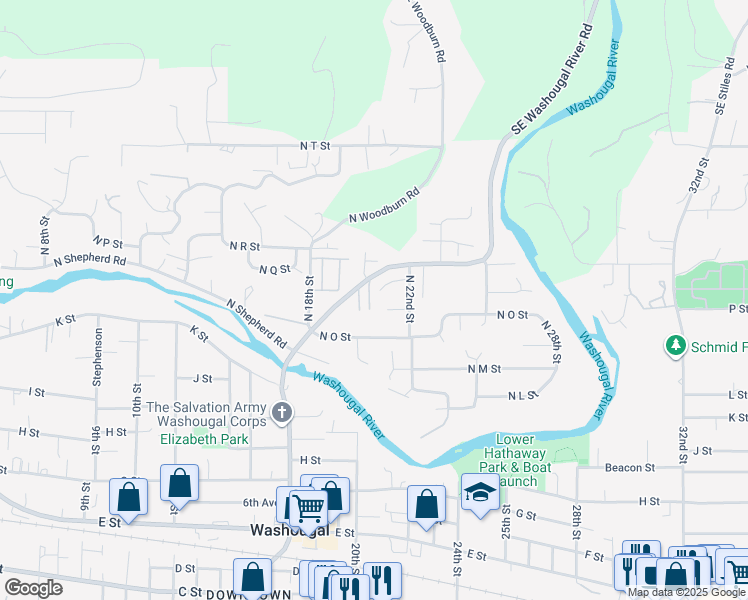 map of restaurants, bars, coffee shops, grocery stores, and more near 1538 North 20th Place in Washougal