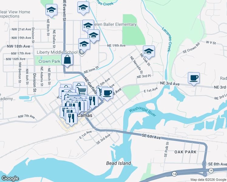map of restaurants, bars, coffee shops, grocery stores, and more near 1017 Northeast 3rd Avenue in Camas