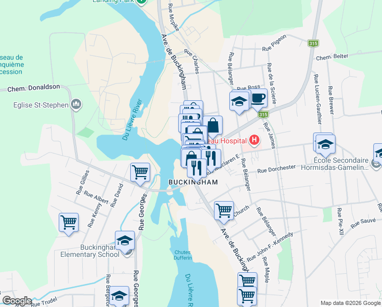 map of restaurants, bars, coffee shops, grocery stores, and more near 451 Avenue de Buckingham in Gatineau