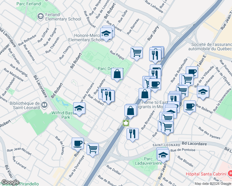 map of restaurants, bars, coffee shops, grocery stores, and more near 5810 Rue Jarry Est in Montréal