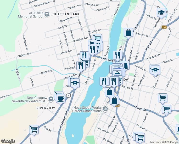map of restaurants, bars, coffee shops, grocery stores, and more near 63 Military Lane in New Glasgow
