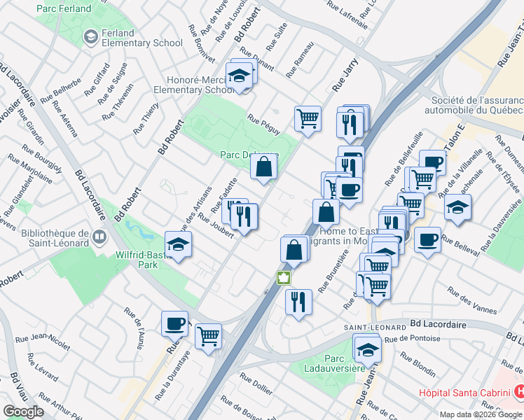 map of restaurants, bars, coffee shops, grocery stores, and more near 5810 Rue Jarry Est in Montréal