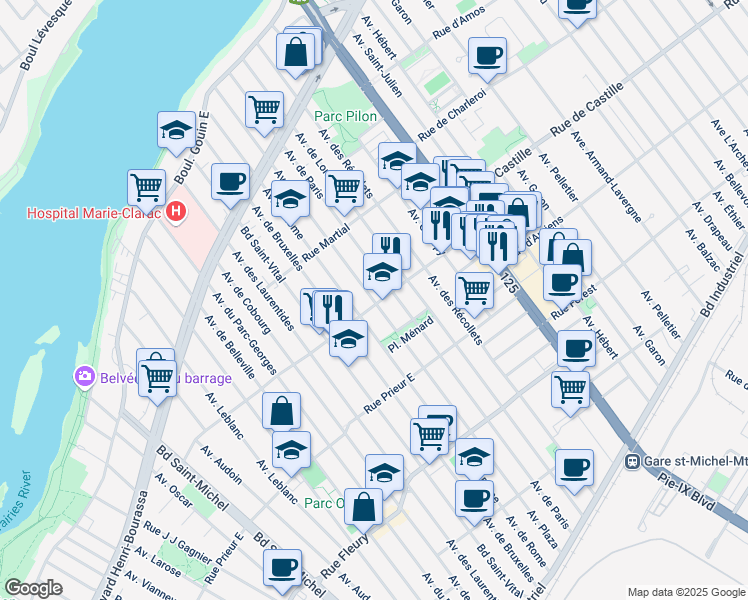 map of restaurants, bars, coffee shops, grocery stores, and more near 10825 Avenue Plaza in Montreal