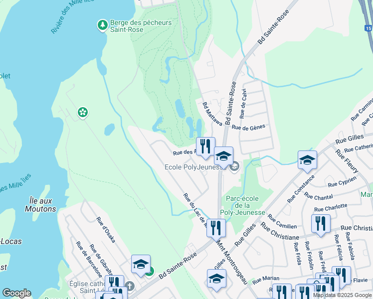 map of restaurants, bars, coffee shops, grocery stores, and more near 3603 Rue des Abénakis in Laval