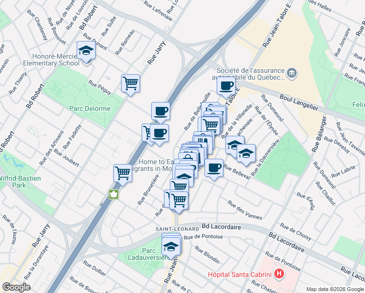 map of restaurants, bars, coffee shops, grocery stores, and more near 6025 Rue Despréaux in Montréal
