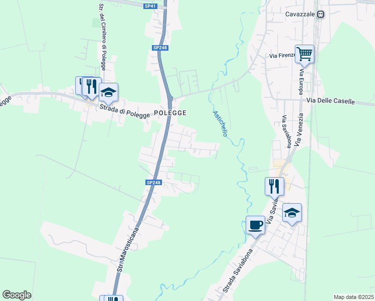 map of restaurants, bars, coffee shops, grocery stores, and more near 34 Via Giuseppe Giulietti in Vicenza