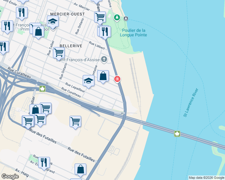 map of restaurants, bars, coffee shops, grocery stores, and more near 1055 Rue de Bruxelles in Montréal