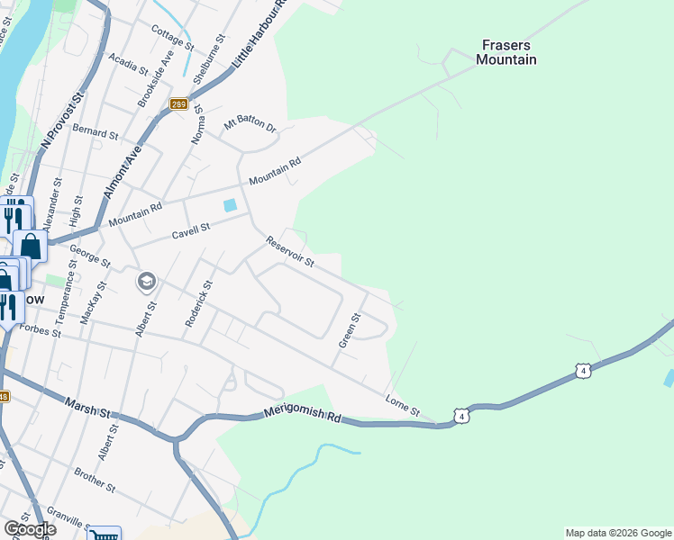 map of restaurants, bars, coffee shops, grocery stores, and more near Reservoir Street in New Glasgow