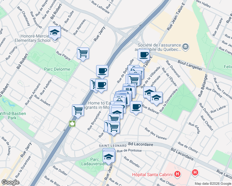 map of restaurants, bars, coffee shops, grocery stores, and more near 6025 Rue Despréaux in Montréal