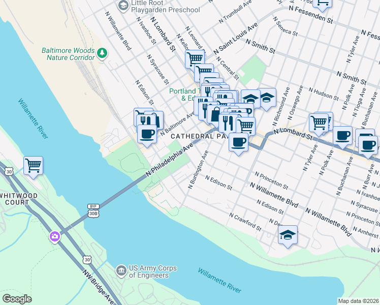 map of restaurants, bars, coffee shops, grocery stores, and more near 6908 North Philadelphia Avenue in Portland