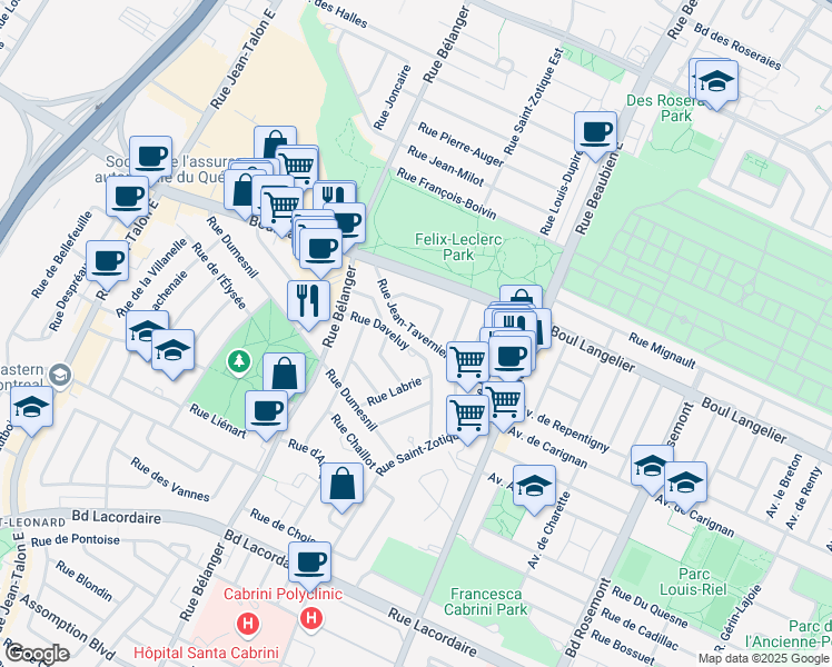 map of restaurants, bars, coffee shops, grocery stores, and more near 6750 Rue Jean Tavernier in Montreal