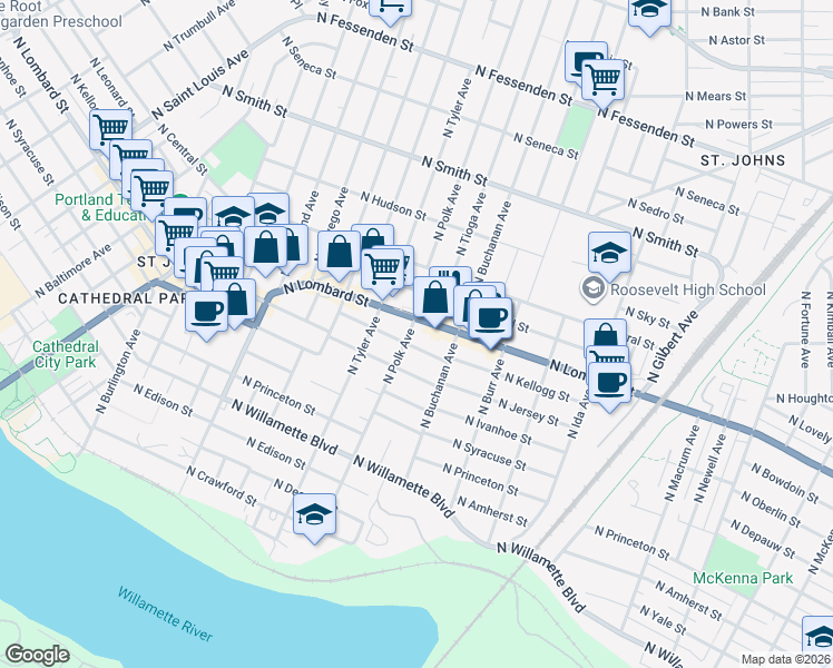 map of restaurants, bars, coffee shops, grocery stores, and more near 7468 North Polk Avenue in Portland