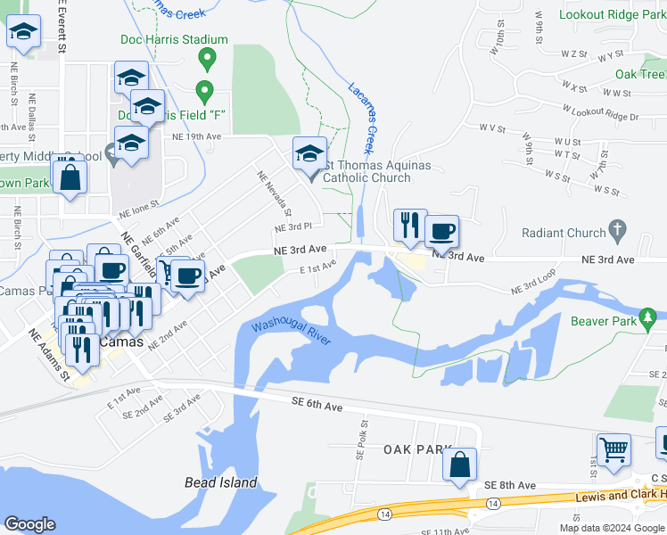 map of restaurants, bars, coffee shops, grocery stores, and more near 1506 East 1st Avenue in Camas