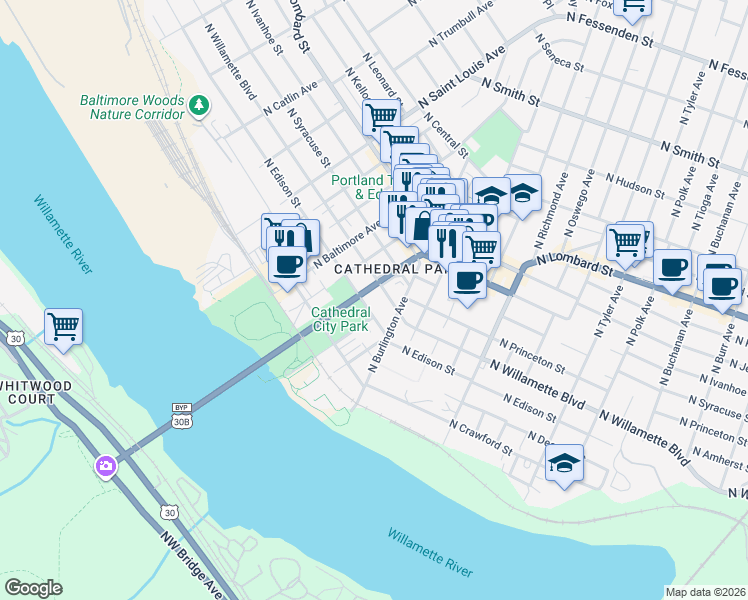 map of restaurants, bars, coffee shops, grocery stores, and more near 8660 North Willamette Boulevard in Portland