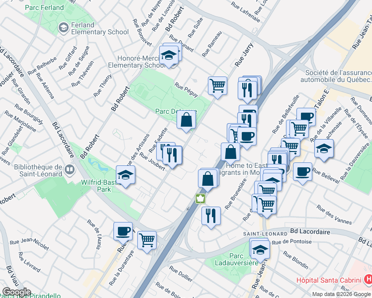 map of restaurants, bars, coffee shops, grocery stores, and more near 5820 Rue Jarry Est in Montréal