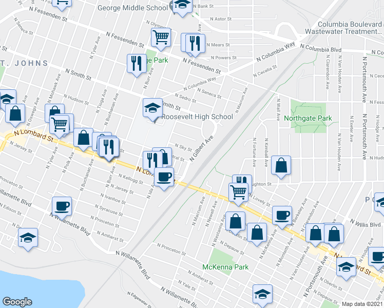 map of restaurants, bars, coffee shops, grocery stores, and more near 6827 North Central Street in Portland