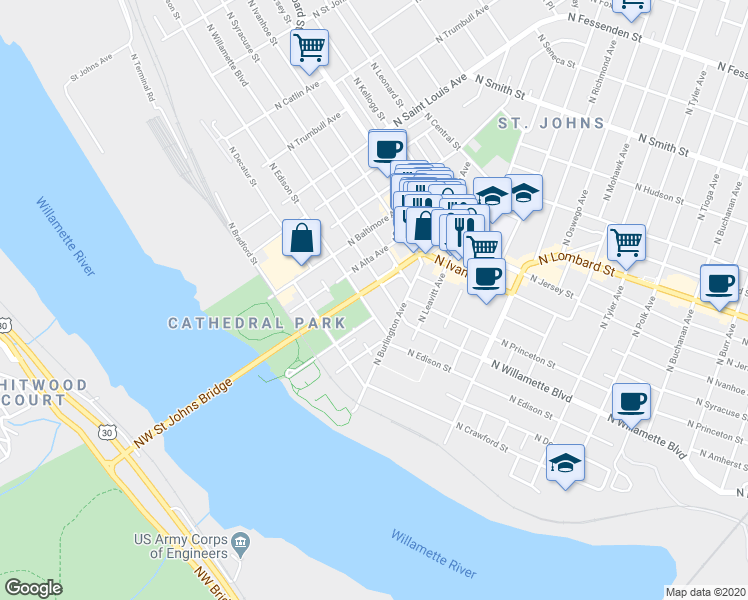 map of restaurants, bars, coffee shops, grocery stores, and more near 8660 North Willamette Boulevard in Portland