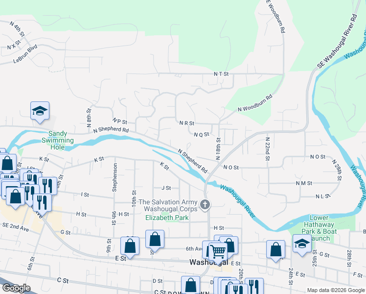 map of restaurants, bars, coffee shops, grocery stores, and more near 1453 North Shepherd Road in Washougal