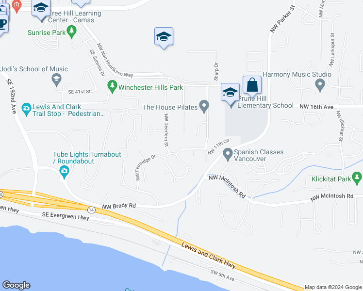 map of restaurants, bars, coffee shops, grocery stores, and more near 20708 Southeast Highpointe Drive in Camas