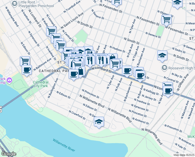 map of restaurants, bars, coffee shops, grocery stores, and more near 8034 North Jersey Street in Portland