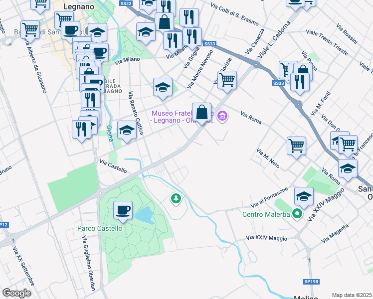 map of restaurants, bars, coffee shops, grocery stores, and more near 32 Viale Pietro Toselli in Legnano
