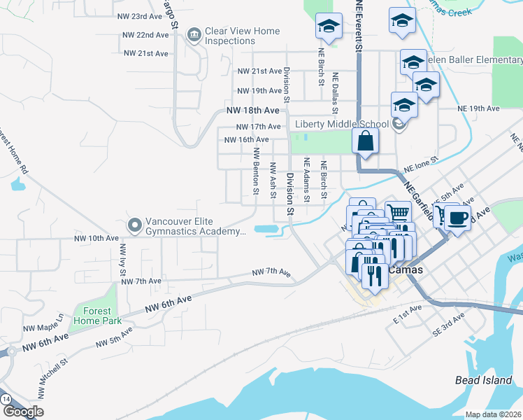 map of restaurants, bars, coffee shops, grocery stores, and more near 222 Northwest 12th Avenue in Camas