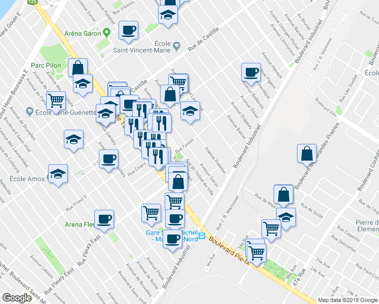 map of restaurants, bars, coffee shops, grocery stores, and more near 10388 Avenue Garon in Montréal