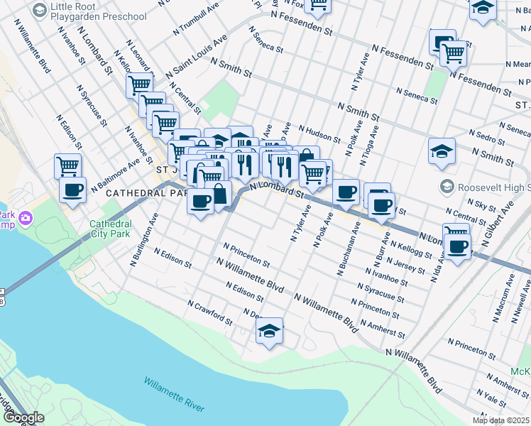 map of restaurants, bars, coffee shops, grocery stores, and more near 8034 North Jersey Street in Portland
