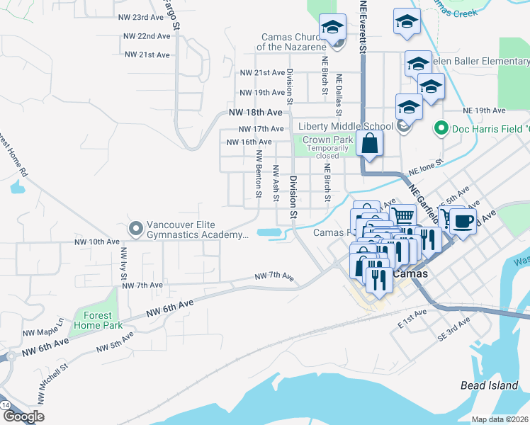 map of restaurants, bars, coffee shops, grocery stores, and more near 238 Northwest 12th Avenue in Camas