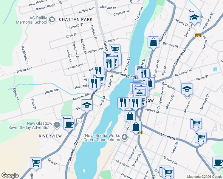 map of restaurants, bars, coffee shops, grocery stores, and more near 90 Albion Street in New Glasgow