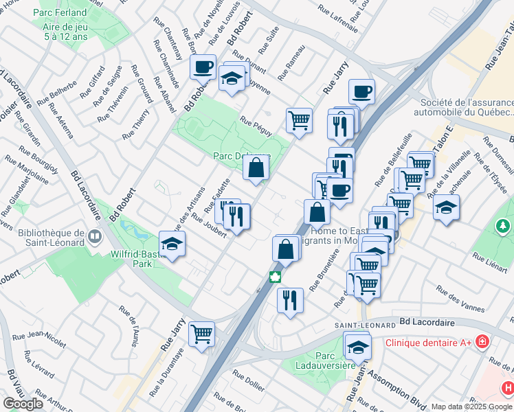 map of restaurants, bars, coffee shops, grocery stores, and more near 5830 Rue Jarry Est in Montréal