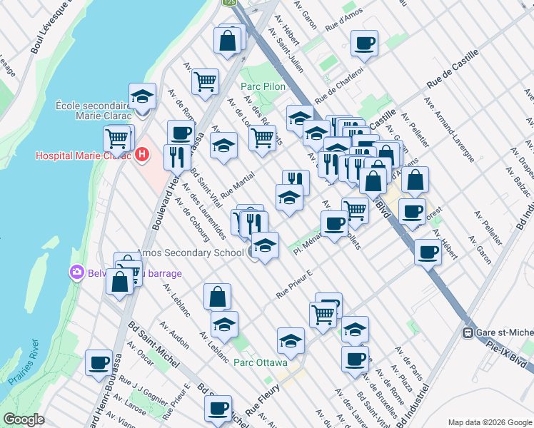 map of restaurants, bars, coffee shops, grocery stores, and more near 10843 Avenue de Rome in Montréal