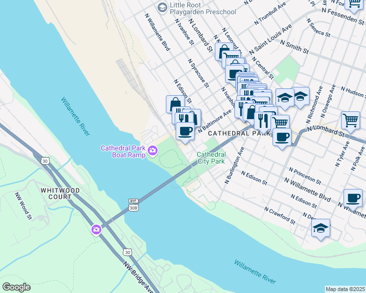 map of restaurants, bars, coffee shops, grocery stores, and more near 8701-8799 N Bradford St in Portland