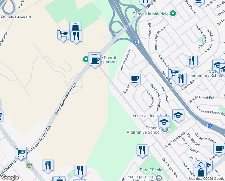 map of restaurants, bars, coffee shops, grocery stores, and more near 1710 Rue Notre-Dame-de-Fatima in Laval